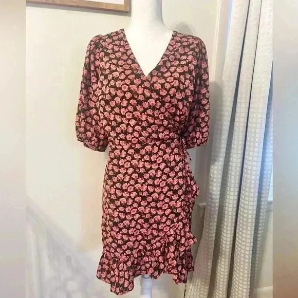 Nasty Gal Collection V Neck Rose Floral Puff Sleeve Ruffle Mini Wrap Dress - Picture 5 of 12